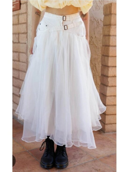 Unbranded Dresses & Skirts - White Tulle Maxi Skirt Buckle Waist Layered Mesh Fairy Grunge Cottagecore S